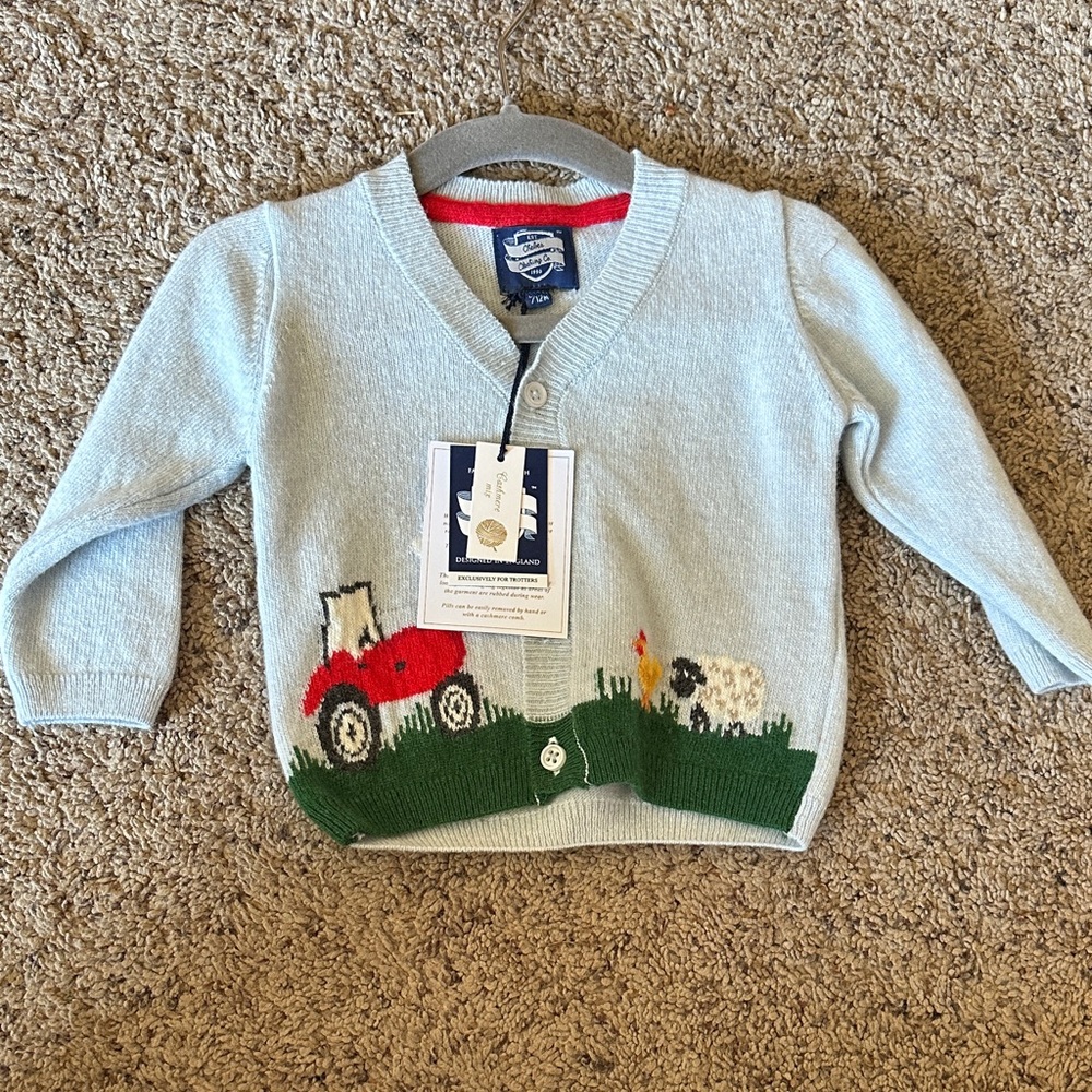 Trotters Light Blue Baby Button Down Cashmere Cardigan w/ Red Tractor Farm Motif